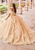 Back view of Champagne Gold ball gown with cathedral train