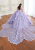 Back view with detachable scalloped train and floral details