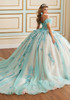 Back view of Seamist ball gown with floral train