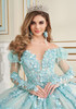 Seamist gown with detachable long sleeves and floral appliqué