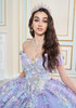 Orchid quinceañera gown with floral bodice and sweetheart neckline