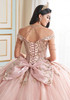 Back detail of rose quartz gown with lace-up corset and bow