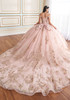Back view of rose quartz ball gown with cathedral train