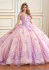 Blushing lilac ball gown with floral appliqué and glitter tulle