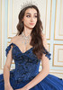 Navy blue quinceañera gown with V-neck bodice and beadwork