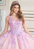Blushing lilac quinceañera gown with beaded basque bodice