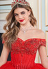 Scarlet Red quinceañera gown with lace appliqué and beading
