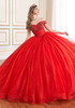 Front view of Scarlet Red ball gown with cathedral train