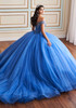 Back view of Blue Moon ball gown with cathedral train