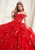 Scarlet red quinceañera gown with matching necklace and off-shoulder straps