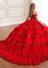 Back view of scarlet red ball gown with cathedral train