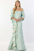 Front view of Montage M2226 aqua and gold brocade mother dress with matching shawl