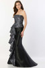 Front view of Montage M2228 black Mikado mother dress with brocade peplum