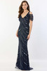 Front view of Navy Montage M2244 beaded mother dress with detachable drape sleeves