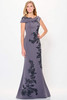 Front view of Charcoal/Black Montage M901 stretch crepe mother dress with floral appliqué