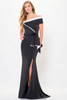Front view of Black/Ivory Montage M902 fitted mother dress with off-the-shoulder neckline