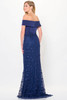 Back view of Navy Montage M907 fitted mother dress with off-the-shoulder neckline
