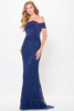 Front view of Navy Montage M907 mother dress with asymmetrical neckline and Venise lace