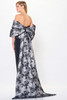 Back view of Black/Silver Montage M908 gown with oversized detachable bow and train