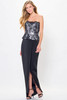 Front view of Black/Silver Montage M908 strapless sheath gown without detachable bow