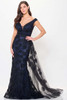 Front view of Black/Navy Montage M909 mother dress with detachable lace appliqué train