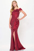 Front view of Garnet Montage M910 brocade mother dress with off-the-shoulder neckline and beaded belt