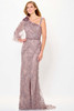 Front view of Montage M913 mother dress with asymmetrical neckline and beaded lace