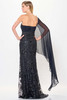Back view of Montage M920 Black/Navy fitted beaded lace mother dress with chiffon cape