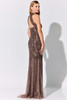 Open back detail and tonal sequins add allure to this mocha high-neck stunner