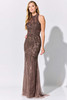 Front view of mocha Ivonne D 218D27 hand-beaded mother of the bride dress