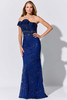 Royal blue lace dazzles with floral beading and a sculpted neckline with rosette detail