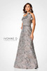 Silver brocade organza shines with sculpted one-shoulder ruffles and a sparkling beaded waist