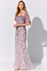 Lavender lace blooms over nude mesh in this soft gown with sheer floral shawl
