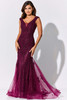 Deep wine lace with tonal beadwork flows into a layered tulle skirt with striking elegance