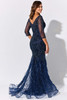 Sheer V-back and cascading feathers bring luxe movement to this fitted beaded gown