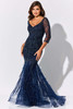 Navy beaded gown shimmers with feathered godets and sheer sleeves for a dramatic finish