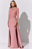 Rose beading and a sculpted collar frame this elegant sheath gown with tonal embroidery