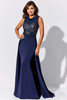 Front view of navy blue Ivonne D ID321 crepe mother of the bride dress with illusion bodice
