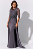 Beaded bodice with a soft cowl neckline meets a draped jersey skirt, lace applique, and detachable sheer sleeves