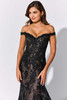 Close-up of black multi Ivonne D ID323 sweetheart lace bodice with off-the-shoulder straps