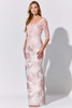 Blush embroidery and sheer sleeves elevate this sleek silhouette with soft femininity