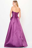 Classic button-up back complements the smooth satin skirt with elegant structure and shine