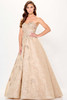 Strapless sweetheart bodice glistens with soft gold and blush embroidery on lace brocade