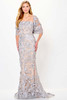 Silver leaf embroidery shimmers across sheer overlay, styled with a graceful matching capelet