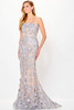 Strapless and sleek, this silver floral gown stuns with sculpted curves and luminous detailing