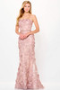 Blush petals cascade down this romantic strapless gown with sparkling floral texture