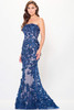 Front view of navy nude Ivonne D ID6205 lace mother of the bride dress with 3D floral appliqués