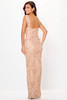 Back detail of champagne gown with floral appliqué and low square back