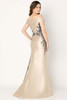 Back view of champagne Cameron Blake CB777 fit and flare gown with floral embroidery