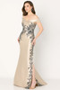 Champagne satin gown with off-shoulder neckline and black floral embroidery